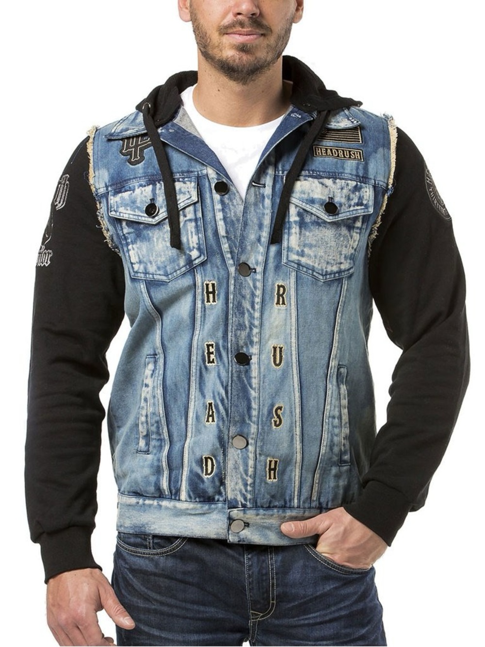 Headrush Men’s Light Blue Denim Vest with Black Hoodie Sleeves